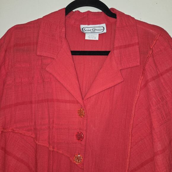 Saint Germain Paris Red Blouse Top XL Crinkled Gauze Lagenlook VTG 90s Button Up - Picture 2 of 16